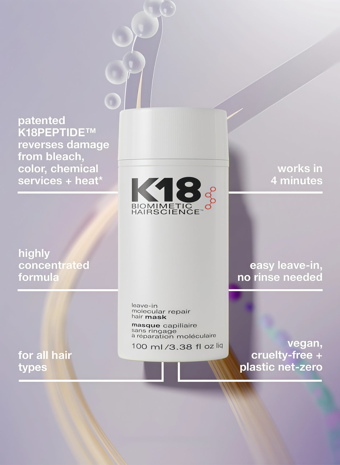 K18 Leave-In Molecular Hair Mask, Repairs Dry or Damaged Hair, Reverse Hair Damage from Bleach, Color, Chemical Services & Heat