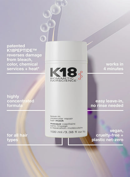 K18 Leave-In Molecular Hair Mask, Repairs Dry or Damaged Hair, Reverse Hair Damage from Bleach, Color, Chemical Services & Heat